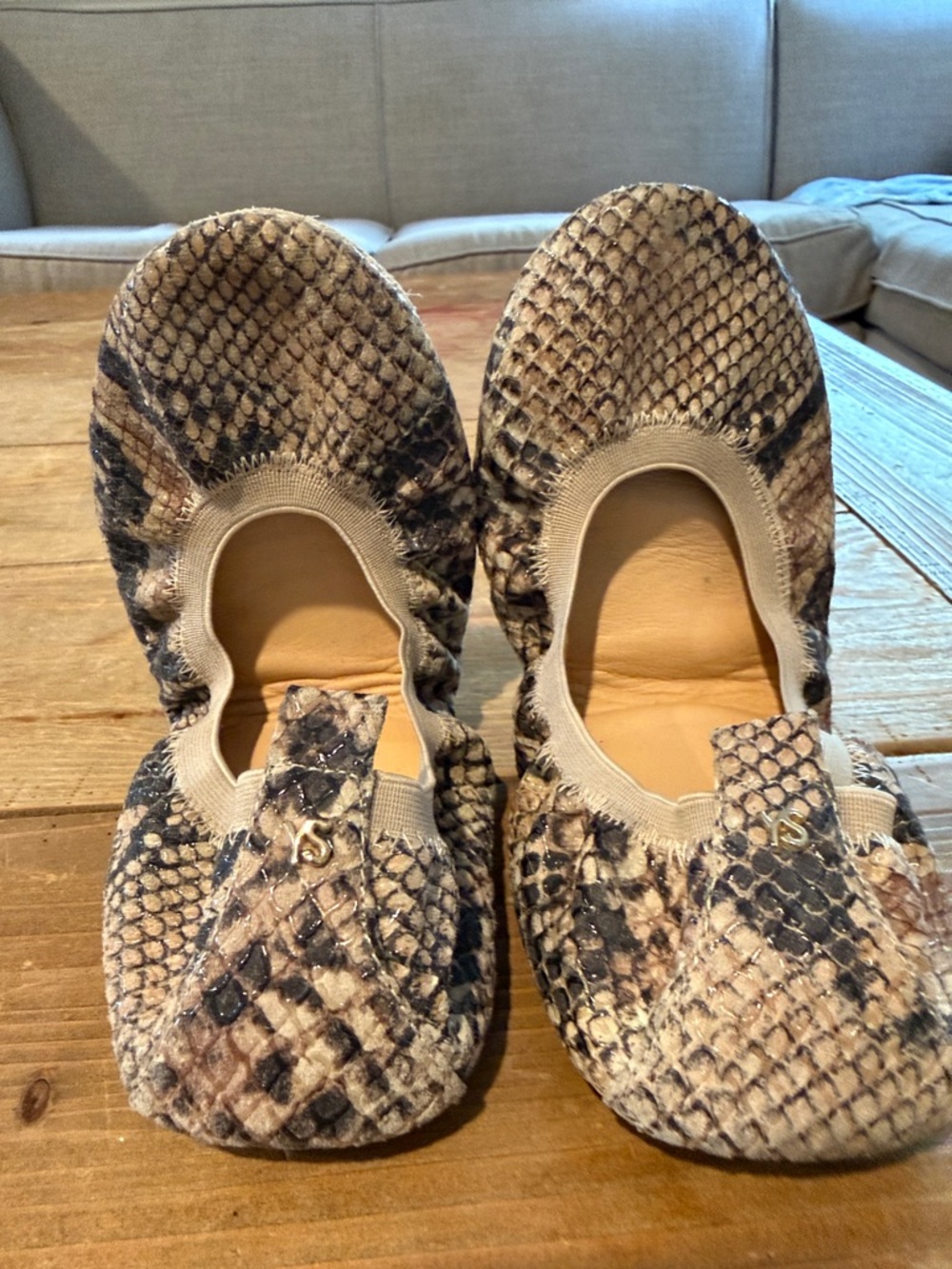 Yosi Samra Beige and Brown Snakeskin Foldable Ballet Flats